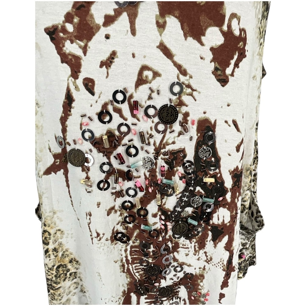 ALBERTO MAKALI Sleeveless V Neck Asymmetrical‎ Embellished Leopard Tunic Top XL - Picture 2 of 11